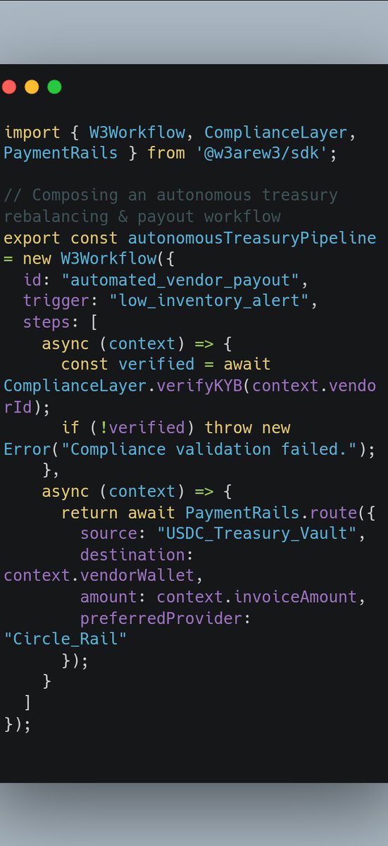 adysmoon1's tweet photo. I used AI to compose a financial workflow with @w3arew3. Here’s what I built: an autonomous treasury rebalancing and vendor payout pipeline that automatically executes based on live alerts.  @w3arew3 https://t.co/SmfxkIXZZM