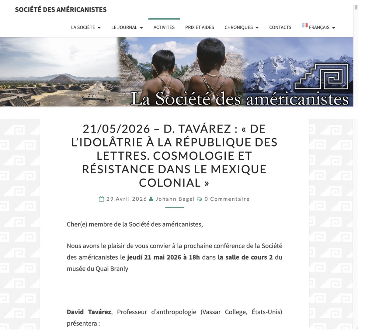 DavidTavarez_B's tweet photo. Two events in Paris: This Thursday, May 21, at the Musée du Quai Branly, an invited lecture for the Société des Américanistes, followed by a presentation of my book at Valentina Vapnarsky's seminar on Friday, with Danièle Dehouve. See you there! https://t.co/qV1fsB3VTD