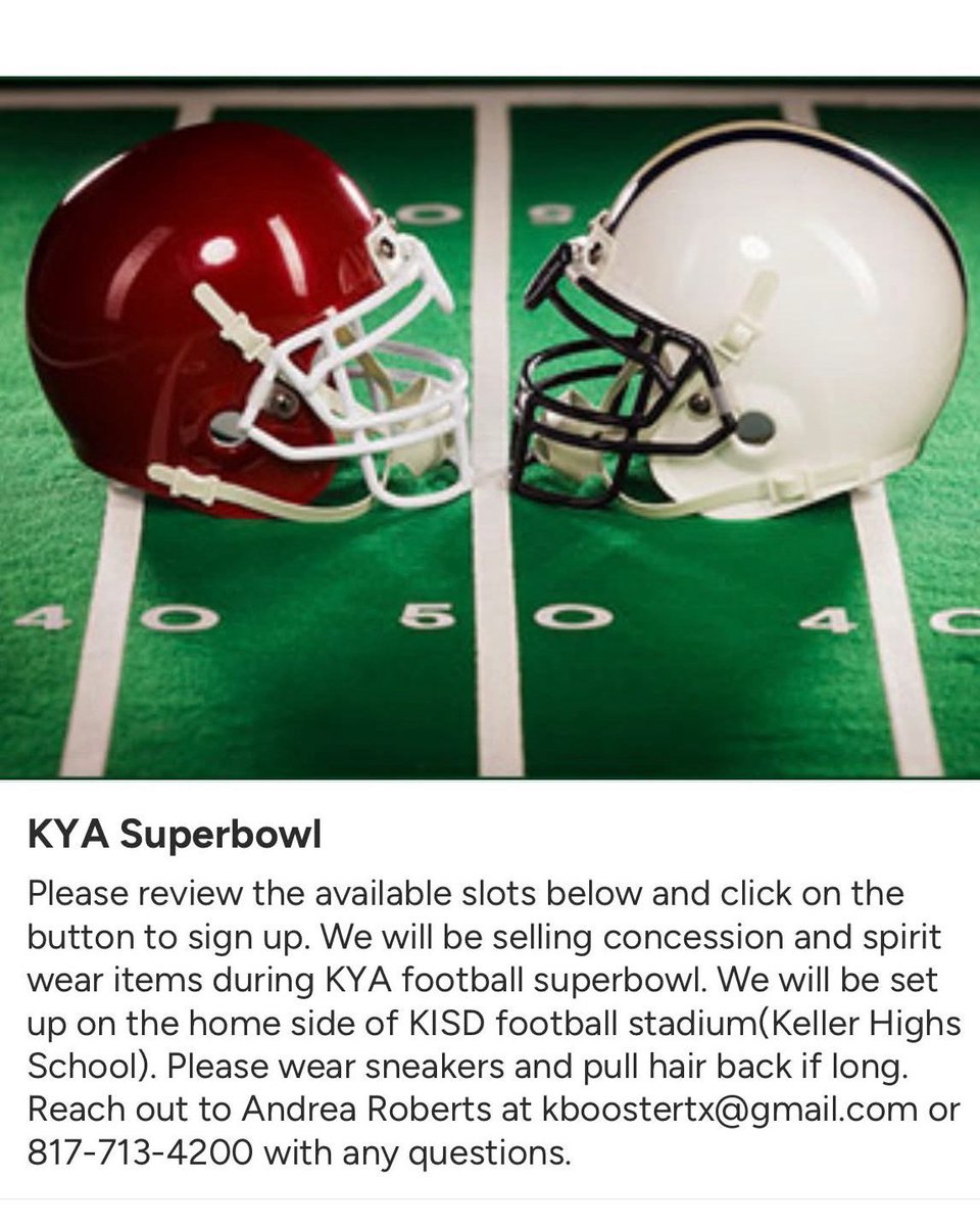 KHSBooster's tweet photo. We need YOU May 23rd. Volunteers needed to help work at Keller High School during the KYA Super Bowl games. Please click on link and sign up for a time slot. Thank you !

https://t.co/Ple1emhcxk https://t.co/vYRiKNMUbY