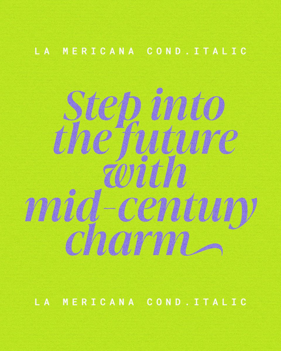 TypographerApp's tweet photo. Vintage in spirit, modern in execution. La Mericana draws from Richard Isbell’s 1965 Americana and reimagines it for today’s designers. Designed by Elena Genova for My Creative Land. Available on https://t.co/c15W5XQvfE &amp; https://t.co/dQdgTVfeDI

#Fonts #TypeDesign #Typography https://t.co/sGfTSzomYw