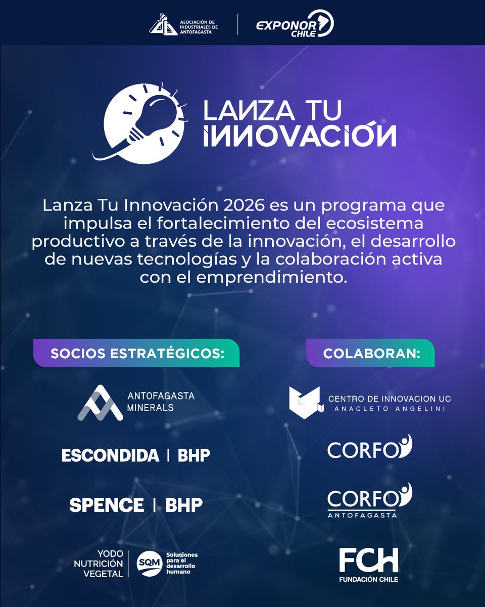 exponorcl's tweet photo. Desde EXPONOR al mundo

Nace la próxima generación de soluciones industriales

🚀 Lanza Tu Innovación 2026 ya tiene a sus protagonistas: 30 startups que están resolviendo desafíos reales en minería, energía y tecnología.

Conócelos en EXPONOR 2026 https://t.co/zxPMvfjoWR