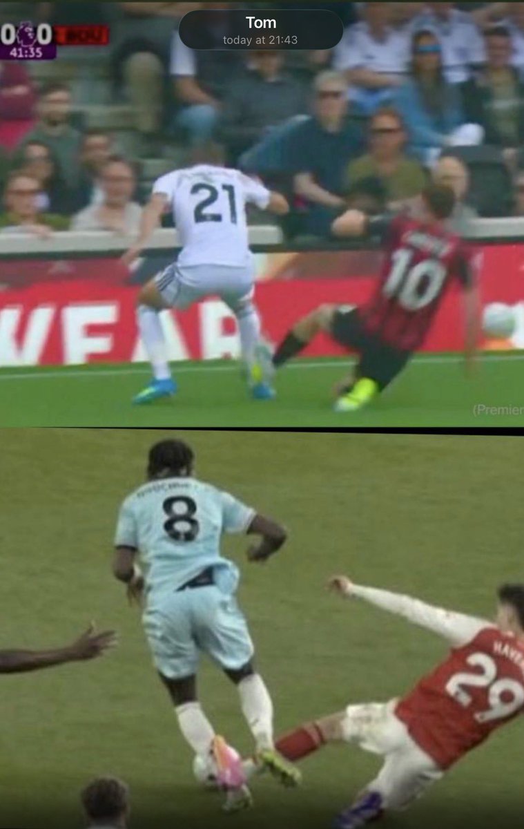 SteveShovlar's tweet photo. Can someone please tell me the difference between the two fouls? Bournemouths Christie got a straight red and misses the rest of the season. Arsenals Havertz got a yellow and VAR said that’s good enough.

Difference is the BADGE. https://t.co/HfiJsZziJg