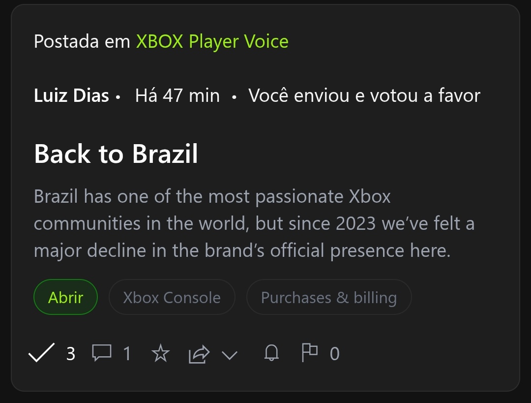 diasluizzz's tweet photo. criei um tópico lá no XBOX Player Voice pra pedir o retorno com força da marca pro Brasil e consoles nas lojas

quem quiser dar uma moral com um upvote: https://t.co/SDxonqeLqC

#XboxNoBrasil 🇧🇷 https://t.co/yGd8NcNrWn