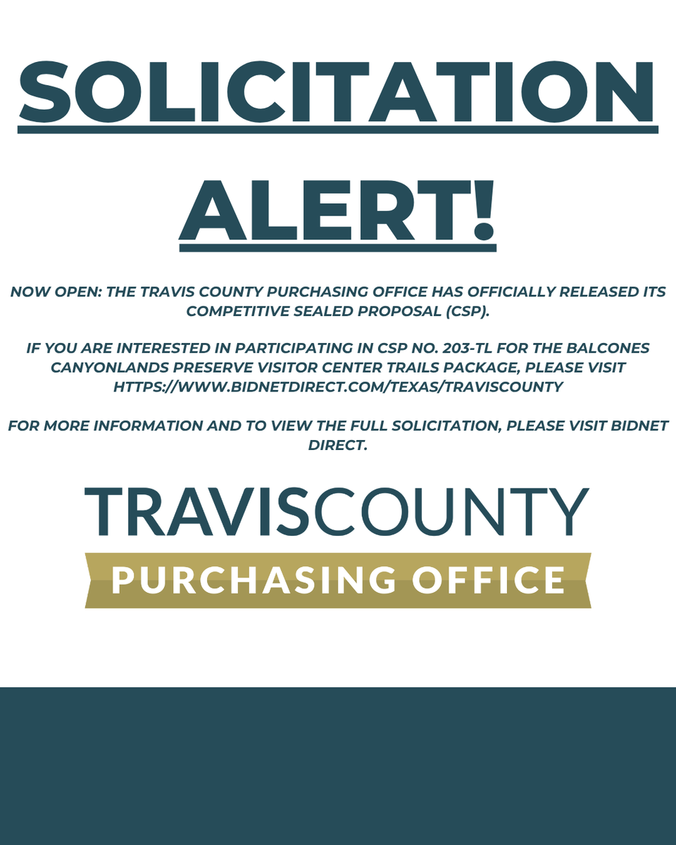 TCPurchasing's tweet photo. 🚨 Attention Community Partners!

We’re excited to announce that Competitive Sealed Proposal (CSP) No. 203-TL: Balcones Canyonlands Preserve Visitor Center TRAILS Package is now live! 🎉 https://t.co/ExxkBFw8C0