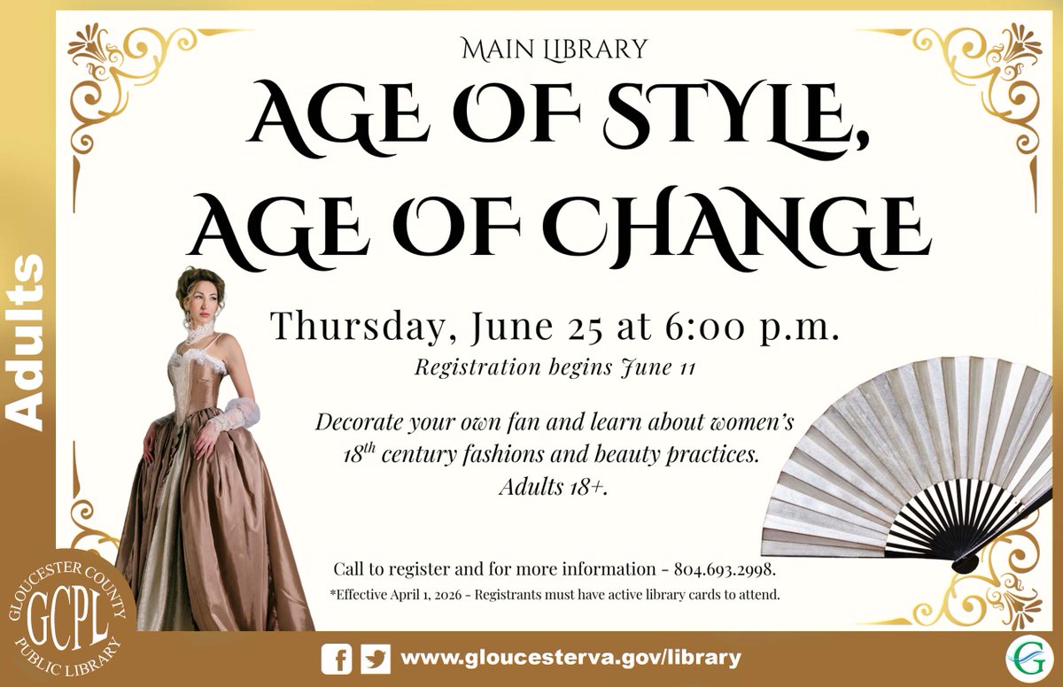 GloCoLibrary's tweet photo. Age of Style, Age of Change
Main Library
Thursday, June 25 at 6:00 p.m.
Registration begins June 11
Decorate your own fan and learn about women’s 18th century fashions and beauty practices.  Adults 18+.
Call to register and for more information - 804.693.2998. https://t.co/mZCUz35S9B