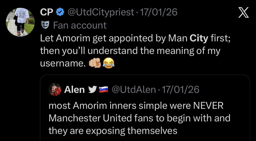 UtdDefence's tweet photo. Fabrizio is wrong. My inside sources from Twitter tell me it’s going to be Amorim and nobody else for Man City ! 💪🏼 https://t.co/A6mOC6L6vX