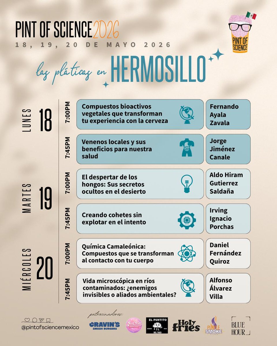 ciadmx's tweet photo. 🔬🎉 ¡La ciencia sale del laboratorio y llega a 
#Hermosillo!
Hoy inicia #PintofScience2026, el festival internacional que reúne a investigadores para compartir ciencia de manera cercana, divertida y para todos(as). 🌎✨
📅 18 al 20 de mayo
⏰ 7:00 p.m.
📍 Cielo Madero, Hmo. https://t.co/bcu2Pcilss