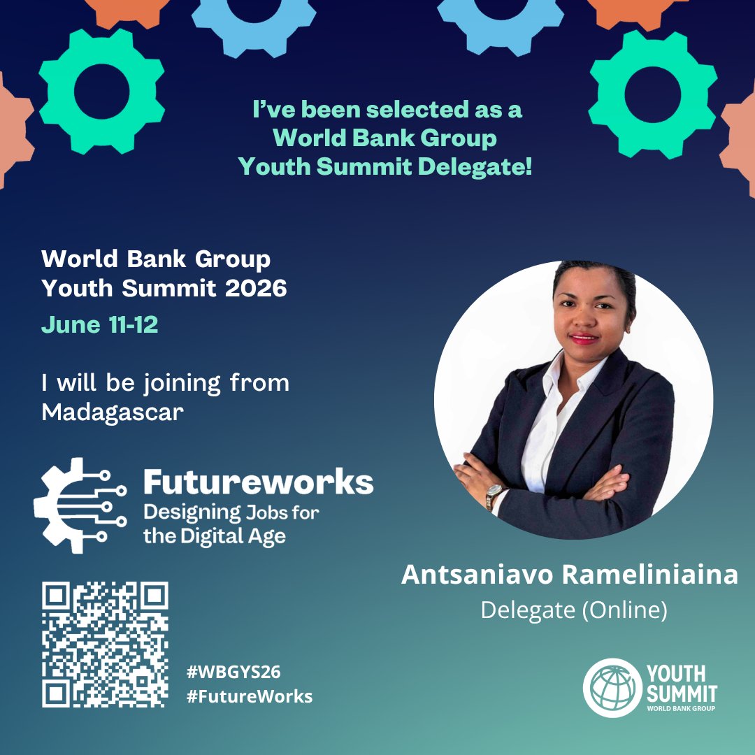 ARameliniaina's tweet photo. Honored to announce that I have been selected as an Online Delegate for the World Bank Group Youth Summit 2026.
 Looking forward to exchanging ideas with young leaders worldwide on inclusion, innovation, and sustainable development.

#WBGYS26 #FutureWorks  @SAYoF_Official https://t.co/NSZg6cq4In