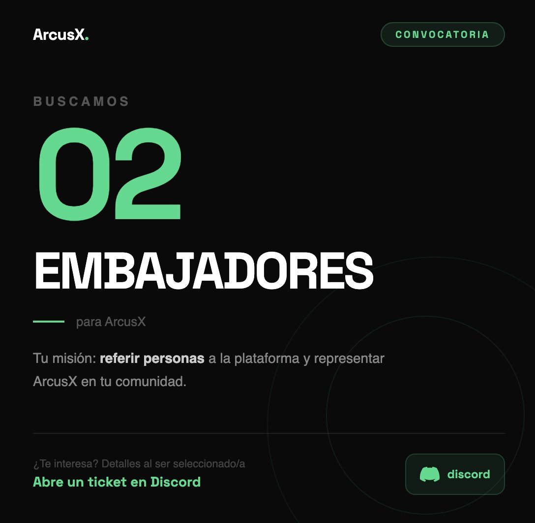 ArcusX_one's tweet photo. 🟢 Buscamos 2 embajadores para ArcusX.  

Tu rol es simple: referir personas a la plataforma y ser la voz de ArcusX en tu comunidad. 

Los detalles completos se comparten contigo una vez seas seleccionado/a solo abre un ticket en nuestro Discord y cuéntanos brevemente por qué quieres ser parte.  Solo 2 cupos disponibles.  

🔗 https://t.co/LiOBh1OyHV

-

@BuildOnStellar @Stellar_Chile 
#ArcusX #Stellar #Blockchain #Web3 #Embajador