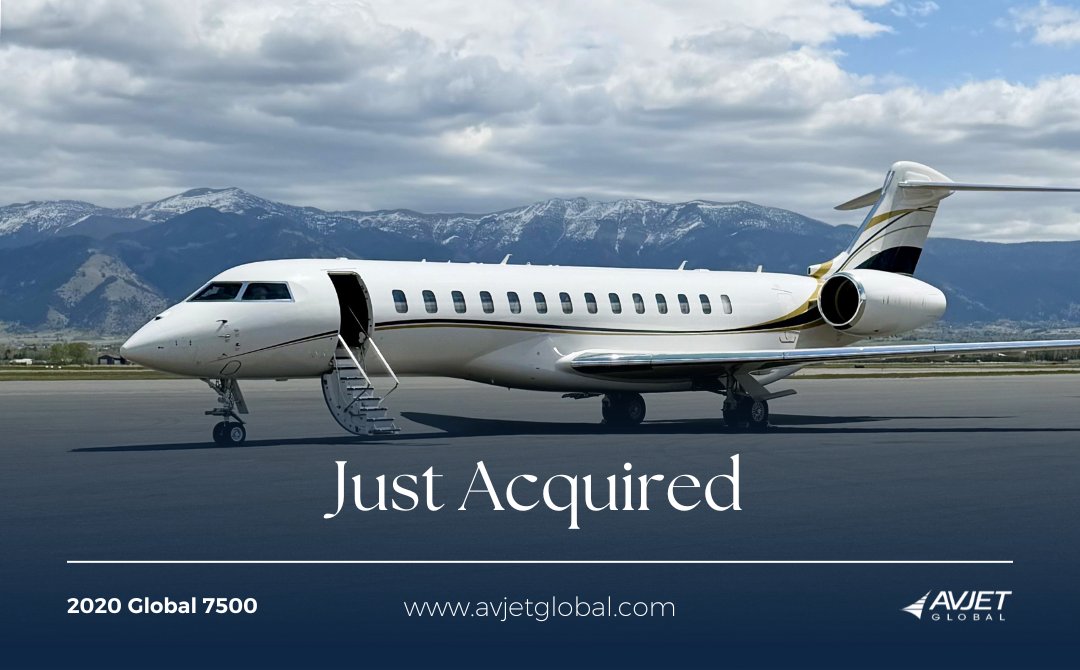 AvjetGlobal's tweet photo. Just Acquired: 2020 Bombardier Global 7500.

Bombardier's ultra-long-range flagship, sourced for a private client.

Inquire at sales@avjetgs.com

#BizAv #Global7500 #Bombardier https://t.co/F1PpWGxR2A
