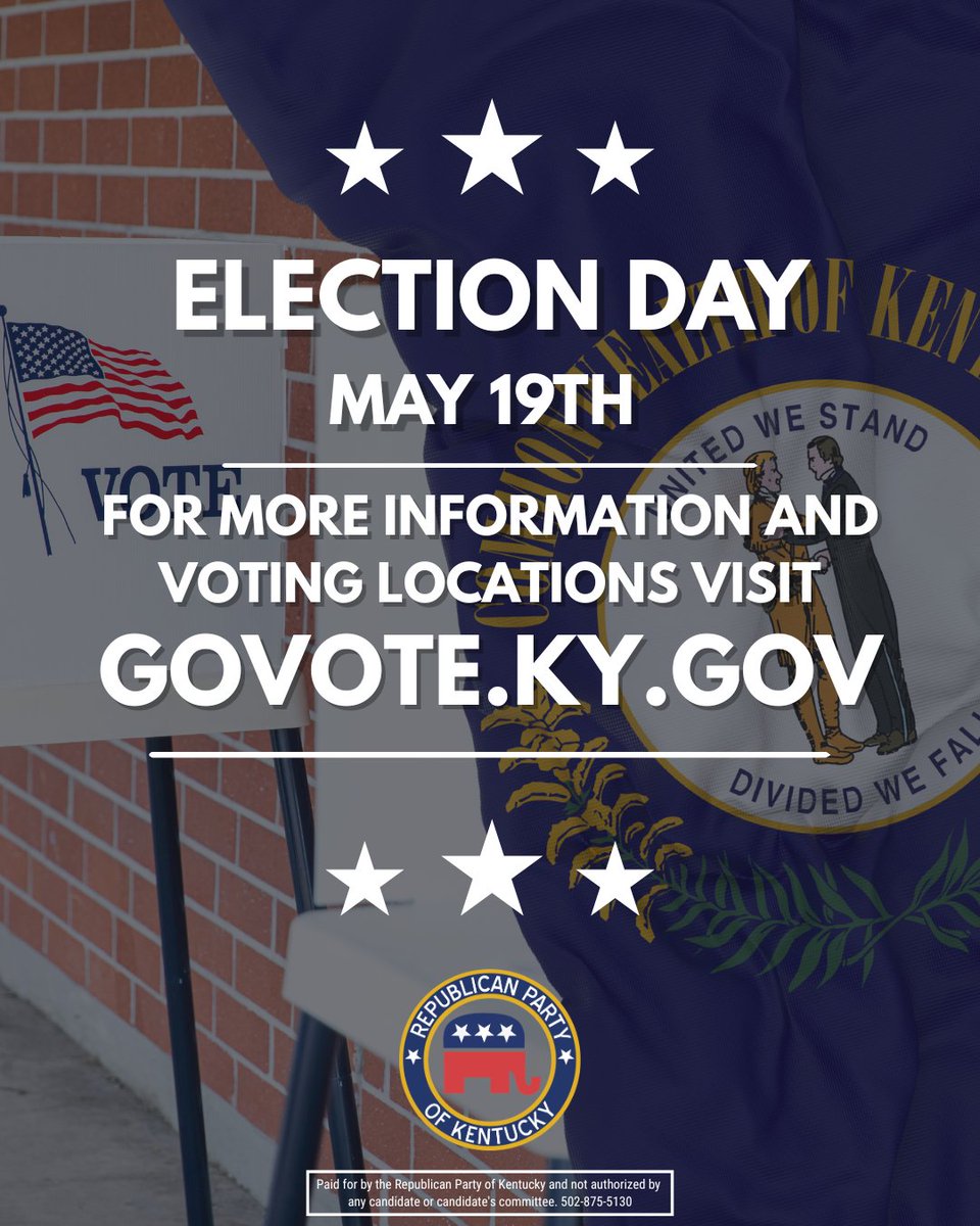 KYGOP's tweet photo. It’s Primary Election Day in Kentucky!

It’s time to show up, cast your ballot, and help decide what comes next for our Commonwealth.

Visit https://t.co/xYW5PDaKG0 to find your polling place. https://t.co/n7rtiSBgF6