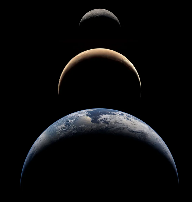 AsteroidEnergy's tweet photo. From Paul Byrne :
This is a composite of the Moon, Mars, and Earth I made.  The Moon and Earth are from Artemis II, and Mars is from the Psyche mission.  Each image was taken *in the last six weeks* https://t.co/NoO2FvOsmR