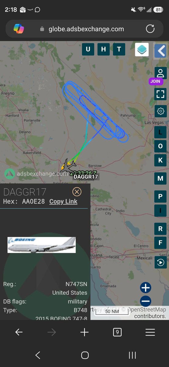 norb420's tweet photo. #AA0E28 as #DAGGR17
#AE07B3 as #ARRIS35

The soon to be E-4C starting the process to get certified to do air to air refueling, starting with the 370th FLTS Ghost tanker 61-0320. Presumably once the E-4C is certified to accept gas from the -135s that will also certify the new Air Force One 747-8s for air to air refueling.