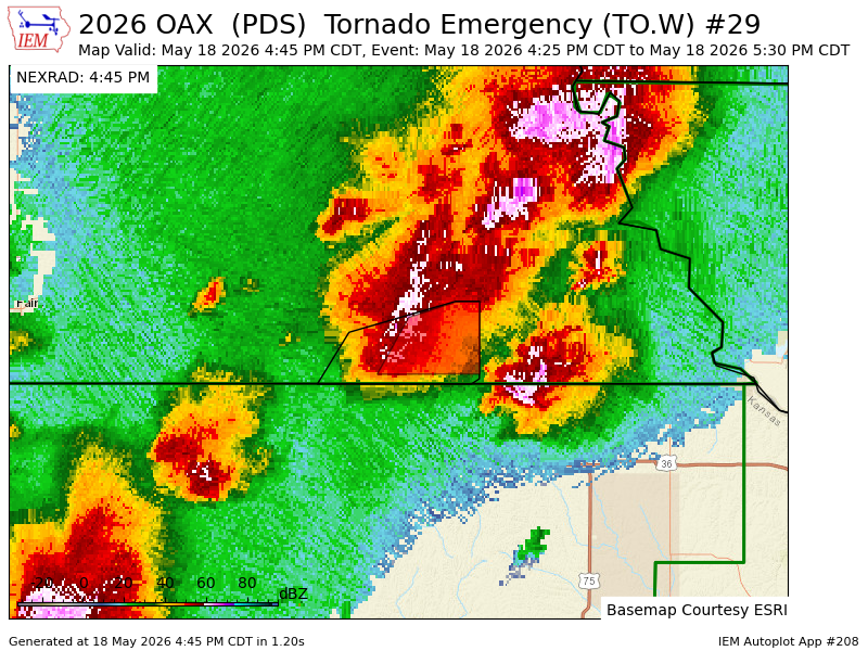 PWXForecasting's tweet photo. OAX continues Tornado Emergency [tornado: OBSERVED, damage threat: CATASTROPHIC, hail: 1.25 IN] for Pawnee [NE] till 5:30 PM CDT https://t.co/26zUYu3Y2Z https://t.co/gluYqhq8pE