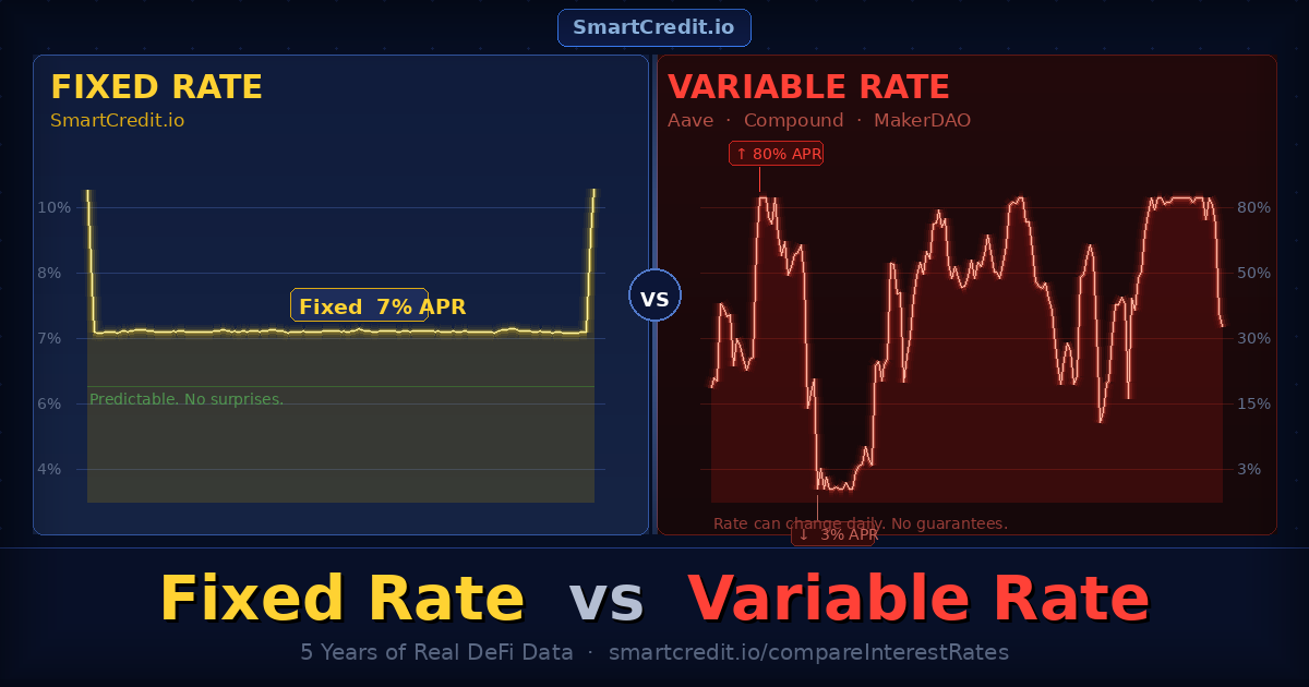 smartcredit_io's tweet photo. How do you hold a borrowing position when your cost structure changes every block?

Variable DeFi rates reprice continuously based on pool utilization. Your profitable position can become unprofitable purely from rate movement.

https://t.co/zNDGDsrxHH locks your rate for the full term. Your strategy gets executed with known costs, not variable chaos.

👉 https://t.co/wBeND8FfHO