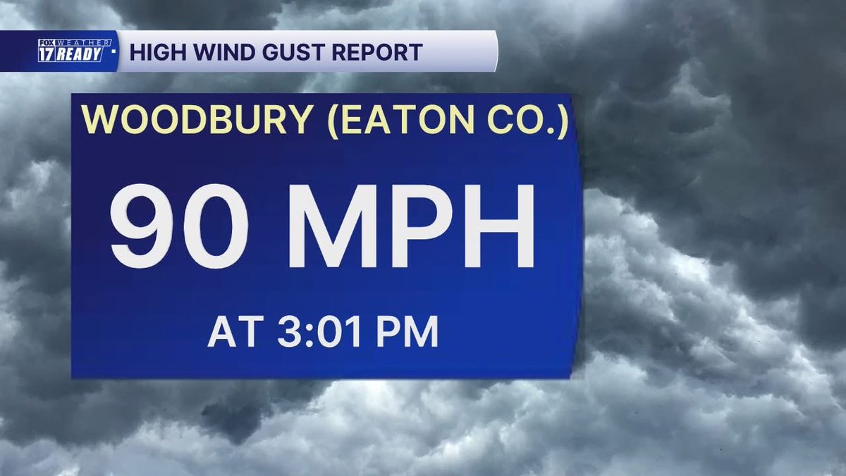 ColtonCwx's tweet photo. WOAH! According to the National Weather Service, there was a 90 mph wind gust reported in western Eaton County from the storms Monday afternoon. #miwx https://t.co/RFAgX9RC4M