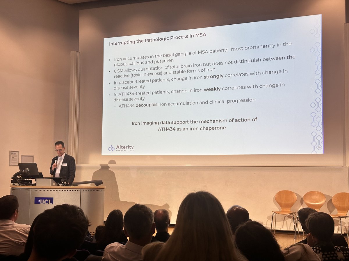 AlterityT's tweet photo. @AlterityT CEO David Stamler, M.D. presenting to an enthusiastic audience at the MSA Symposium 2026. Presentation title - ATH434 Clinical Update and Phase 3 Planning

#MultipleSystemAtrophy #MSA #Neurodegeneration #biotech #clinicaltrials 
$ATH $ATHE https://t.co/GHLXMDCvy8