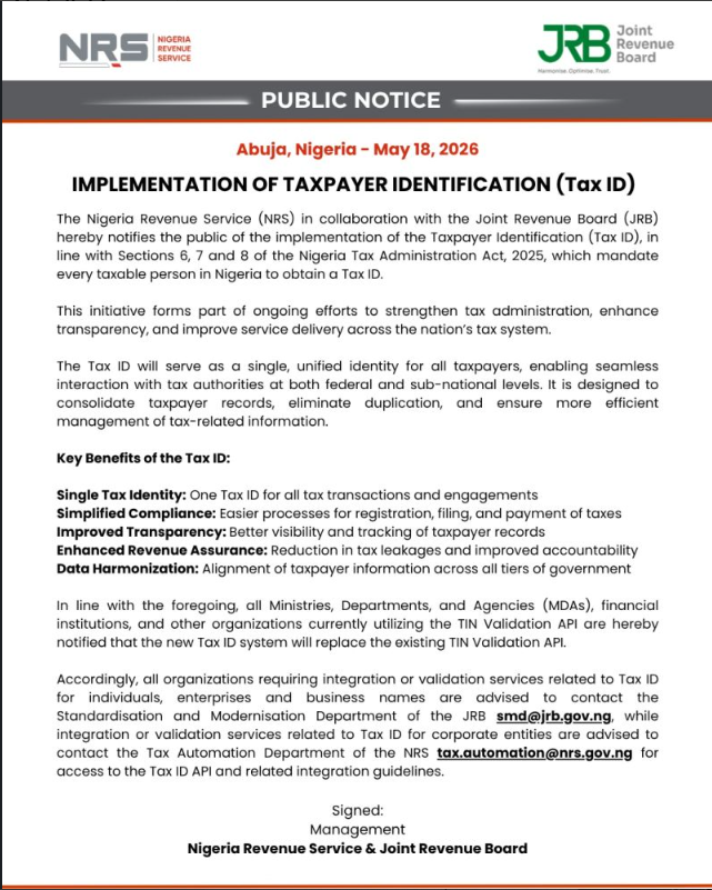 Giwa0804's tweet photo. 📢 PUBLIC NOTICE: IMPLEMENTATION OF TAXPAYER IDENTIFICATION (Tax ID) https://t.co/3RAA6xzYFw
