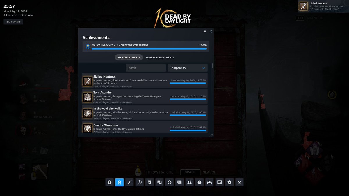 SentinelVegaTTV's tweet photo. Finally done with them achievements. NOw I can p lay the game normally at last and not force myself into playing specific stuff before new ones come in #DeadbyDaylight https://t.co/KGiANVK2Yz