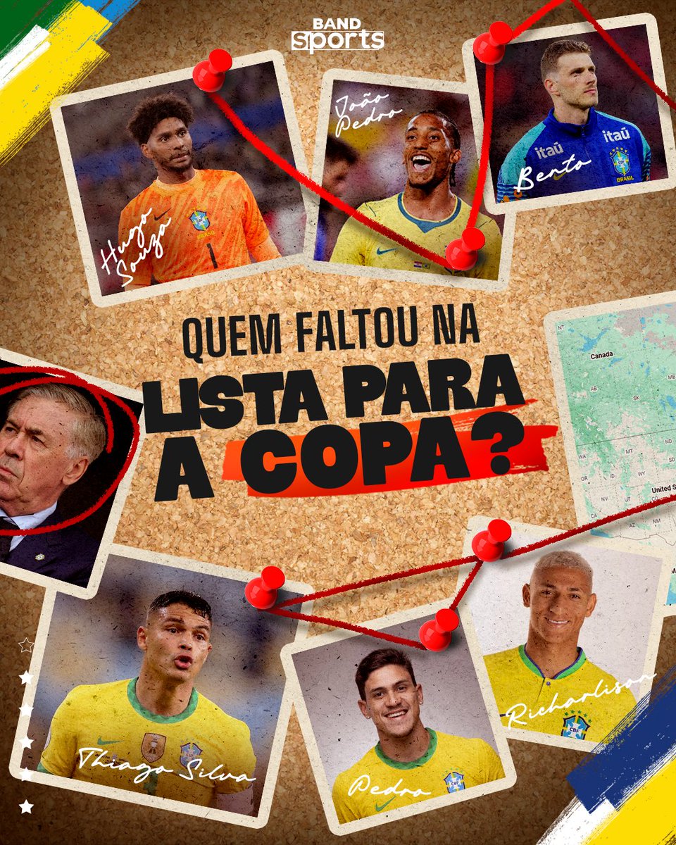bandsports's tweet photo. FICARAM DE FORA 😭 Não teremos Hugo Souza, Bento, Thiago Silva, Pedro, Richarlison, João Pedro... Ancelotti cometeu alguma injustiça?
#BandSports #Ancelotti #CopadoMundo #SeleçãoBrasileira #HugoSouza #ThiagoSilva https://t.co/7kHKesnFnd