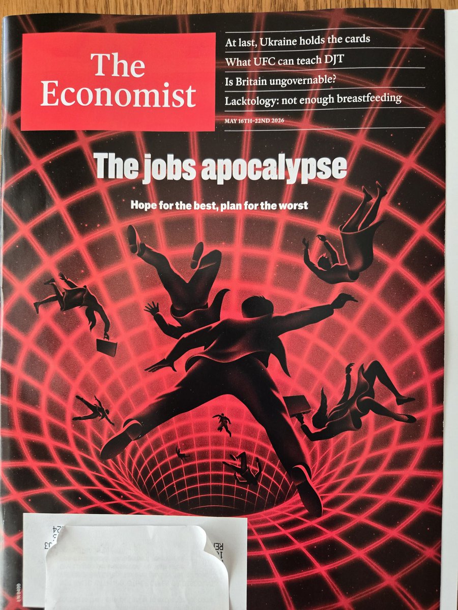 SteveEllison271's tweet photo. Magazine cover indicator: Does the track record of Economist covers as contrary indicators suggest the real threat to employment is not AI itself, but a recession caused by the bursting of an AI bubble? #ES #stocks https://t.co/aFPOxIXMwL