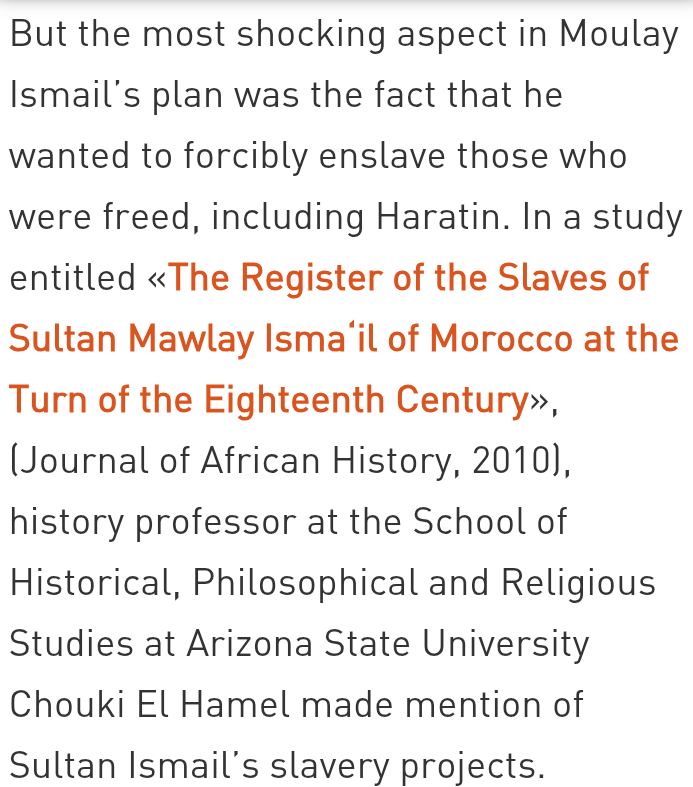 DiadeMartin's tweet photo. @baqoushi "He nted to forcibly enslave those who were freed, including Haratin. In a study entitled «The Register of the Slaves of Sultan Mawlay Isma‘il of Morocco at the Turn of the Eighteenth Century», History professor Chouki El Hamel made mention of Sultan Ismail’s slavery projects" https://t.co/89Ajej8Hrk