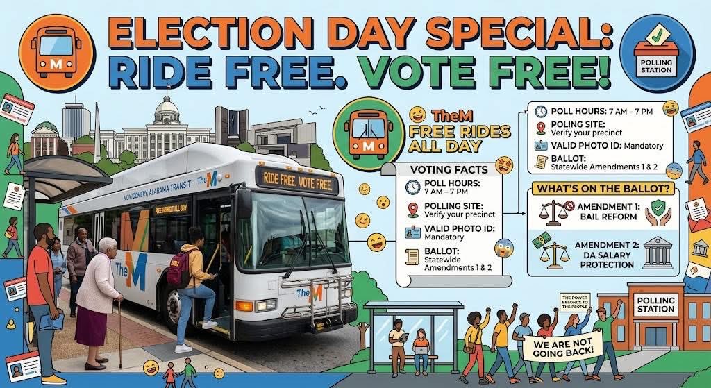 ALUNITE18's tweet photo. 🚍 ATTENTION MONTGOMERY!! MAJOR VOTING UPDATE FOR TOMORROW!! 🚍

Listen up, family! 🗣️ I just received confirmation directly from the management team at The M that ALL city transportation will be 100% FREE TOMORROW, Election Day, Tuesday, May 19th! 🆓🚌💨 https://t.co/O8ETs73aat