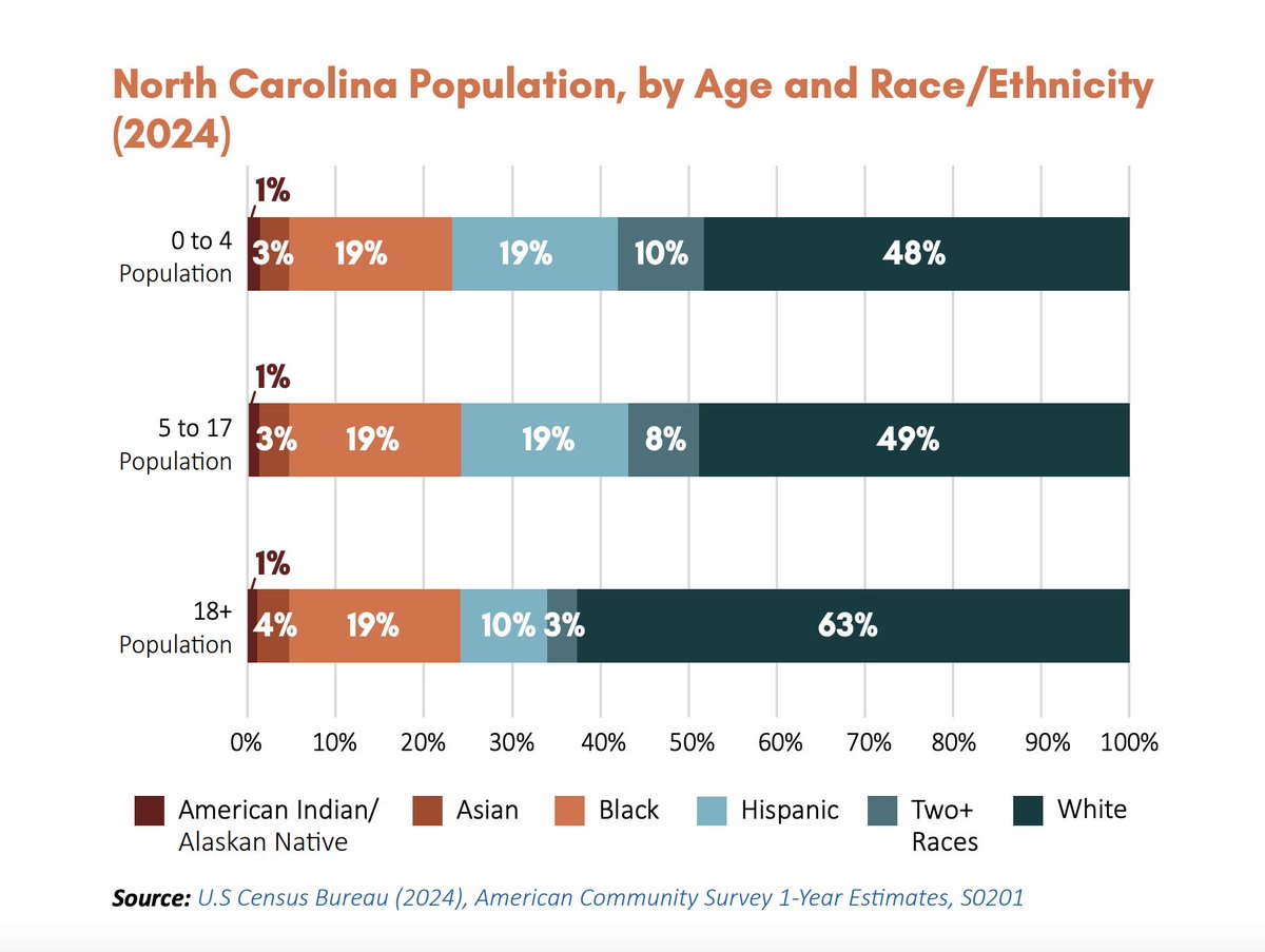 BESTNCorg's tweet photo. NC's youngest residents (ages 0–4) are: 48% White, 19% Black, 19% Hispanic, 10% Two+ Races, 3% Asian, and 1% American Indian/Alaskan Native. Explore the full data: https://t.co/TCGbBBgUvq #NCEd https://t.co/bDMu2PzbX5