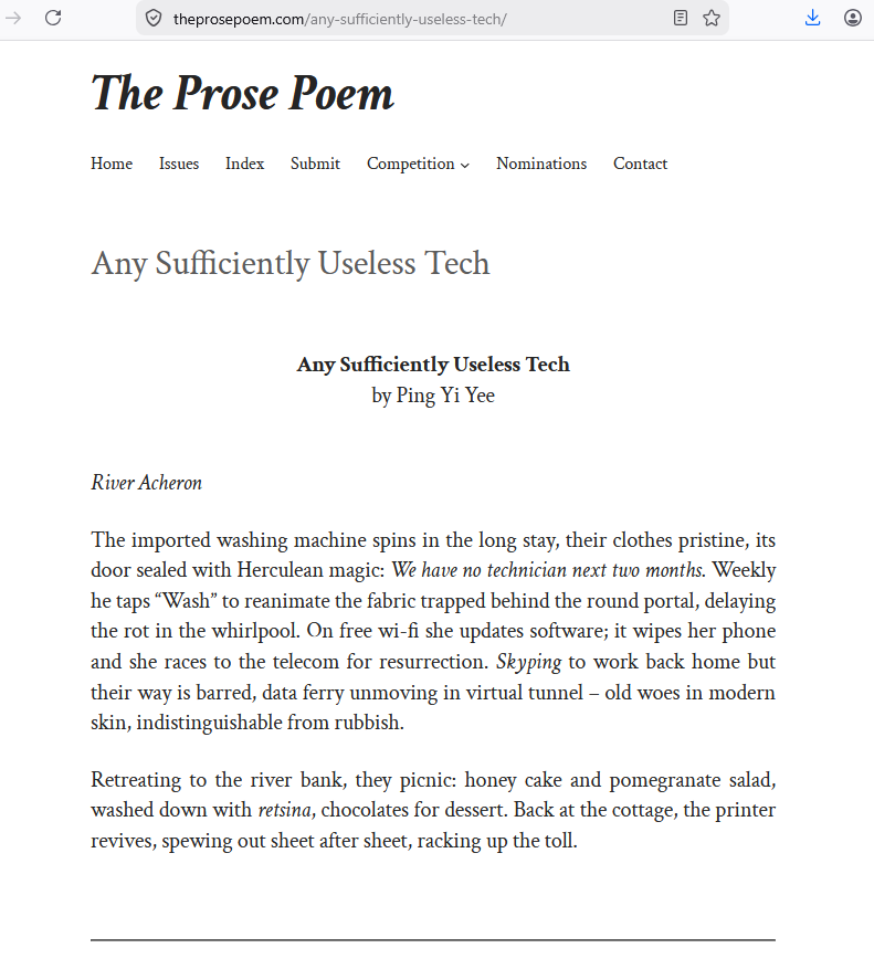 pyyee's tweet photo. "Any Sufficiently Useless Tech"
𝘙𝘪𝘷𝘦𝘳 𝘈𝘤𝘩𝘦𝘳𝘰𝘯

The Prose Poem
Issue 46: Drink
https://t.co/5CL6iHuyjY https://t.co/JDUISAKBuj