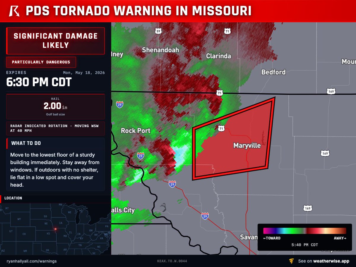 ryanhallyall's tweet photo. Nodaway and Holt Counties in Missouri, you have a PDS Tornado Warning. There's a dangerous tornado on the ground, so get to your safe spot underground NOW. I'm live covering this: https://t.co/2IVQjtKD6U https://t.co/DxvKDQkXM0