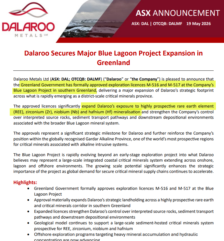 RazorB81's tweet photo. $DAL 📢Major Blue Lagoon Project Expansion🔥

✅ 2 new #Greenland licences approved (M-516 & M-517)
✅ Targeting #REE, #Zirconium, #Niobium & #Hafnium 
✅ Offshore exploration now underway 
✅ Positioned in the world-class Gardar Alkaline Province

District-scale critical minerals potential emerging fast 🚀
#ASX #RareEarths #CriticalMinerals #Greenland