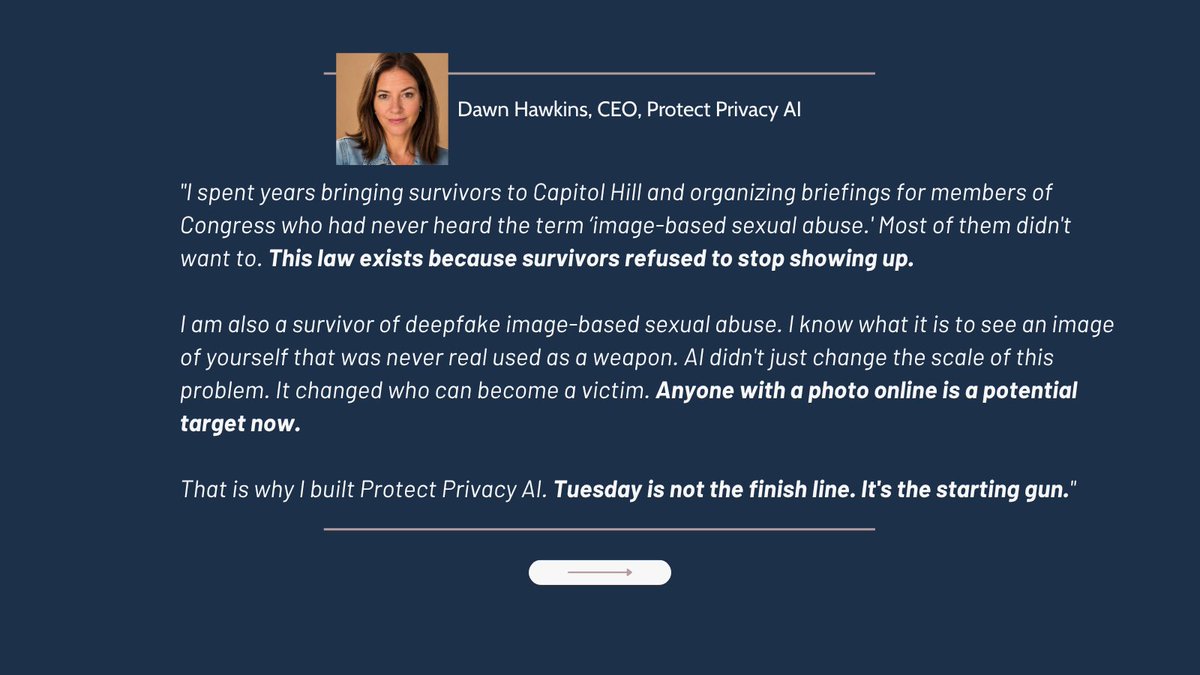 protectprivai's tweet photo. Tomorrow the #TakeItDownAct takes effect. Three survivors at @ProtectPrivacyAI respond, including our CEO @DawnHawkins33, who spent years bringing survivors to Capitol Hill before Congress would listen.
A law on the books does not remove an image from the internet. https://t.co/gqCl4o7Ykf