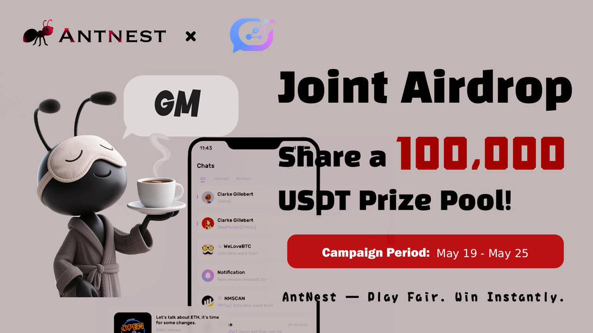 web3_cyperchat's tweet photo. 🎉 Cyper × AntNest Joint #Airdrop is LIVE!

🎁 Up to 100,000 USDC Genesis Airdrop Pool!

We are excited to announce a strategic partnership with
@AntNest_Official  — AntNest is a fully on-chain gaming platform designed for transparency, fairness, and instant execution. https://t.co/9JQQTFLzfc is now officially live on Cyper's DApp section.
 
👇 3 steps to join:
1️⃣ Follow @web3_cyperchat  & @antnestglobal
❤️ Like & 🔁 RT this post, drop your address(Base Chain) in the comments to be eligible for the airdrop!
2️⃣ Join community
https://t.co/3NOQvIn9hJ
3️⃣ Visit both website to register and bind your wallet.
🔗 https://t.co/KmlDk3aH1M
🔗https://t.co/9JQQTFLzfc

⏰ FCFS! 19th-25th, May

🚀 We will fund your start!
Get 2U free, play with the capital, and keep every profit you earn. Profits hit your wallet the moment conditions are met! https://t.co/9JQQTFLzfc is now officially live on Cyper's DApp section.