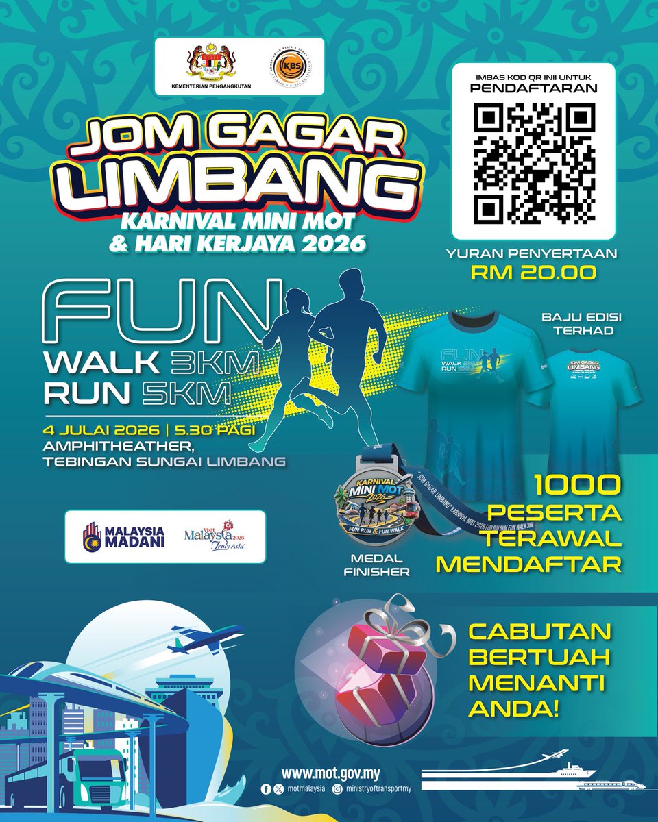MOTMalaysia's tweet photo. 🔥 JOM GAGAR LIMBANG | KARNIVAL MINI MOT &amp; HARI KERJAYA 2026🔥

Ayuh sertai larian penuh semangat di Limbang!

📅 Tarikh: 4 Julai 2026
⏰ Masa: 5.30 pagi
📍 Tempat: Amphitheater, Tebingan Sungai Limbang, Sarawak
💰 Yuran: RM20.00 sahaja

 https://t.co/gA1MU3oaOi pendaftaran https://t.co/dlsm5Todo6