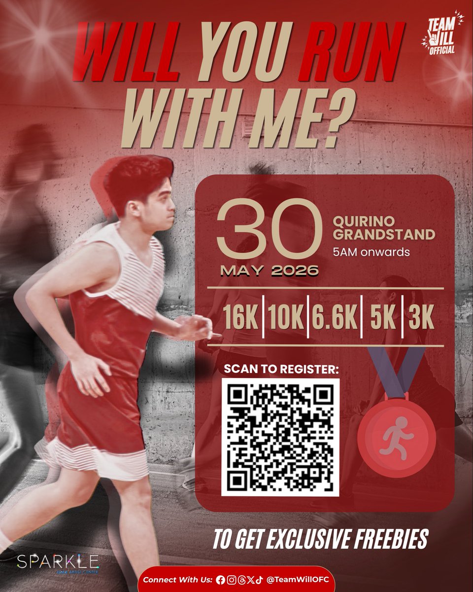 TeamWillOFC's tweet photo. Run alongside Will Ashley, WILLievers, and fellow Sparkle artists and fandoms this May 30 at Quirino Grandstand! 🏃‍♂️✨

Whether you’re aiming for 3K, 5K, 6.6K, 10K, or 16K, let’s make this a fun and memorable morning filled with energy, support, and community spirit. ♥️🔥

Register under “Team Will Official” to receive exclusive freebies from us! If you’ll be registering under our fandom, kindly fill out this form to make sure you can claim your freebie kit:
https://t.co/yQP8bb1oF9

See you at the starting line, WILLievers! Let’s run, cheer, and create more unforgettable memories together. 🫶🏻🏅

#WillAshley @willashley05 
#SparkleRun2026 @Sparkle_GMA