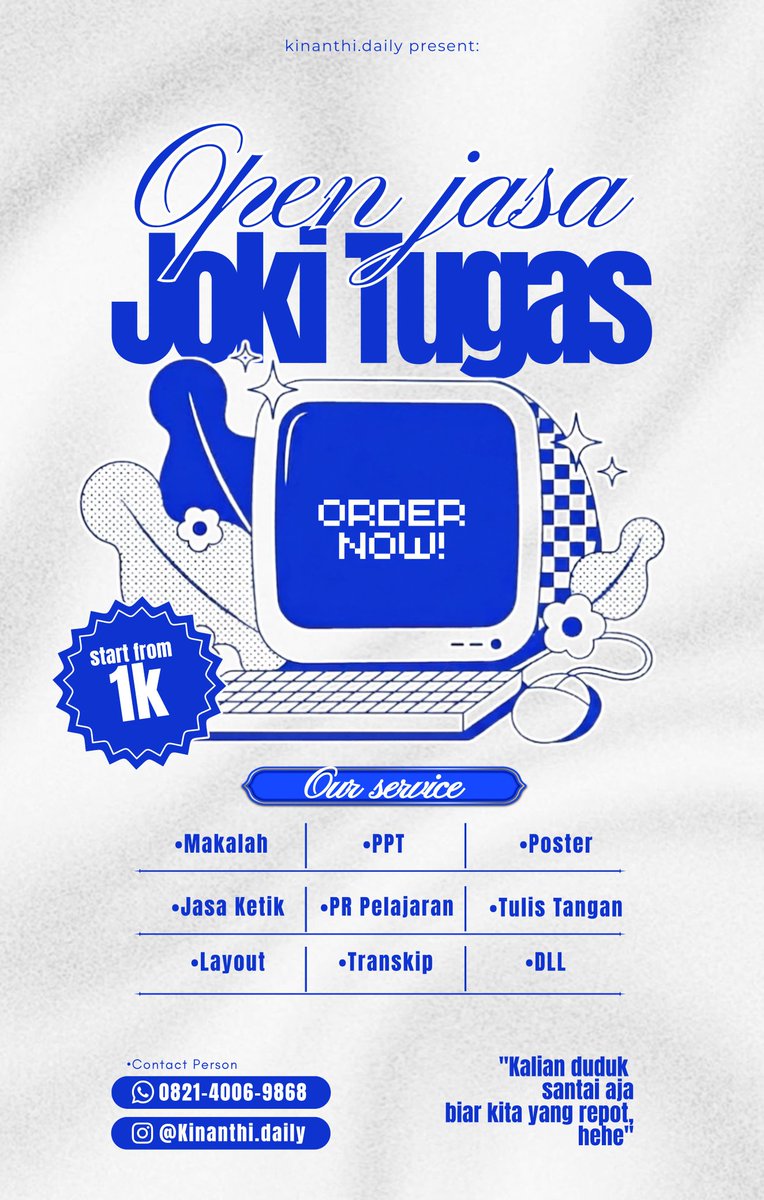 trysmmm's tweet photo. JOKI OPENNN
MAKALAH
PPT
TRANSKIP
RESPONDEN
TULIS TANGAN
KETIK
POSTER
INFOGRAFIS
TUGAS SEKOLAH
TUGAS UAS
TUGAS UTS
DLL

chat admin : https://t.co/heh6dqcH5p https://t.co/jLwgiT9NDN