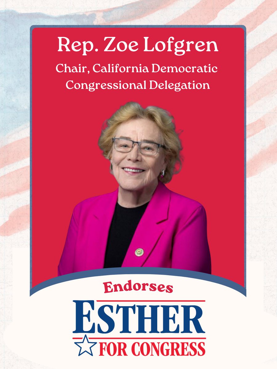 estherkimvaret's tweet photo. As Chair of the largest delegation in Congress, Rep. Zoe Lofgren (CA-18) is a critical Democratic House leader with enormous responsibility. That's why I am deeply humbled to receive Rep. Lofgren's endorsement for my campaign to flip CA-40! Thank you @RepZoeLofgren!

"I am proud to offer my full and enthusiastic endorsement of Esther Kim-Varet to help us win back the House. 
I urge every Californian who cares about the direction of our state and our country to join me in supporting Esther. The stakes are too high. The moment is too important." - @RepZoeLofgren