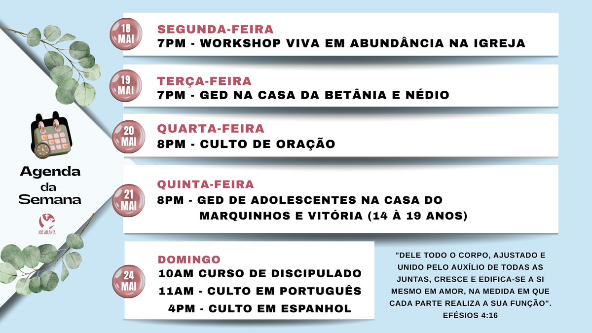 AtlantaIcc's tweet photo. Boa noite. Nossa agenda para que você participe das reuniões e cultos desta semana. 

#estudobiblico #oracao #intercessão #adoração #jovenscristãos #discipulado #cultoabençoado #iccatlantachurch https://t.co/07JOTwqA65