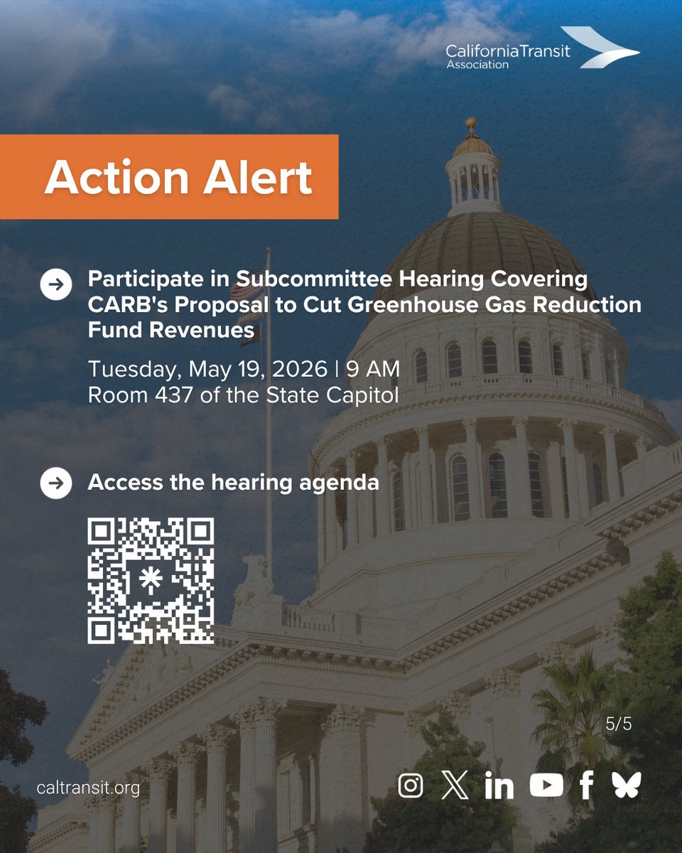 CalTransit's tweet photo. We encourage you to join the California Transit Association and more than 100 coalition partners in urging the state to revise the proposal and protect strong GGRF funding for these essential programs.

The hearing begins at 9:00 a.m. in Room 437 of the State Capitol.

View the hearing agenda:
https://t.co/yZn9jcoG3I