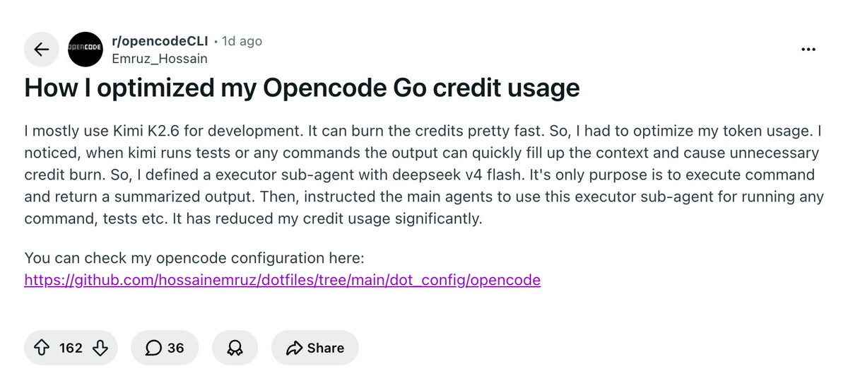 OpenCode cost-optimization screenshot explaining a Kimi K2.6 orchestrator handing command execution to DeepSeek v4 Flash sub-agents