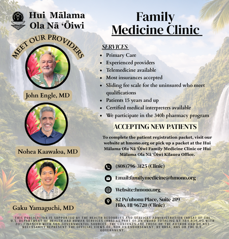HuiMalama's tweet photo. Our Family Medicine Clinic is now accepting new patients!

Access comprehensive and patient-centered care designed to support your long-term health and wellbeing.

Schedule your appointment today!

Call us to schedule (808) 796-3125.
#Hilo #CommunityHealth #huimalamaolanaoiwi https://t.co/uf2WbGVQuR