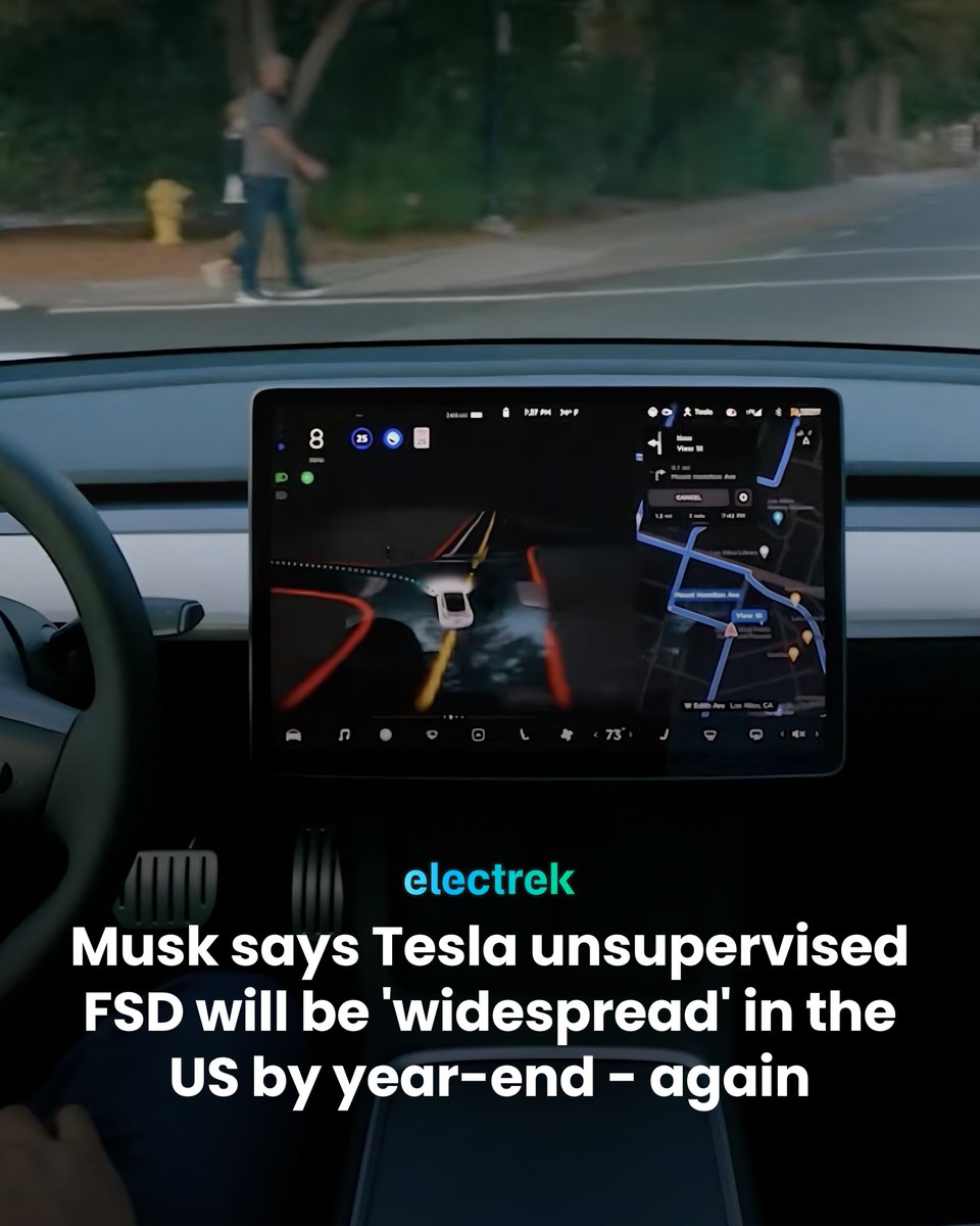 ElectrekCo's tweet photo. ICYMI: Elon Musk claimed Tesla's unsupervised "Full Self-Driving" will be "widespread in the US by the end of this year" at the Smart Mobility Summit in Tel Aviv today. 

Tesla currently operates fewer than 30 unsupervised robotaxis across three Texas cities.

Full story https://t.co/tNaWI8qLly
