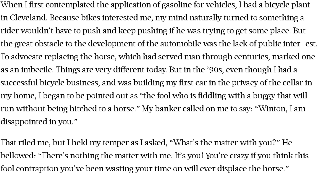 KaiterEnless's tweet photo. Alexander Winton, designer of the first commercial U.S. gasoline car, on opposition to the concept of automobiles, from the Saturday Evening Post, February 8, 1930. https://t.co/V62e8ZBy54