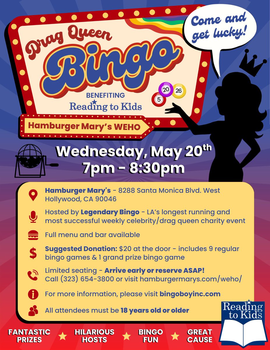 readingtokids's tweet photo. Charity bingo is almost here! Join us on Wednesday at Hamburger Mary's WeHo in support of Reading to Kids. Bring a friend, play a few rounds, and help support our reading clubs 📖⭐

Suggested donation: $20 at the door. 18+ only. 

#charitybingo #losangeles #readingtokids https://t.co/IGZDT8iTQK
