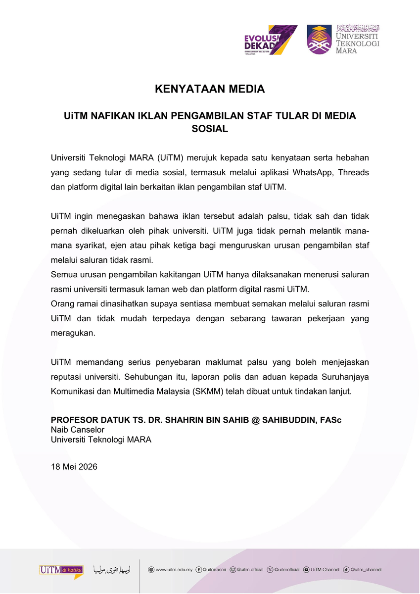 uitmofficial's tweet photo. [KENYATAAN MEDIA]
𝗨𝗶𝗧𝗠 𝗡𝗔𝗙𝗜𝗞𝗔𝗡 𝗜𝗞𝗟𝗔𝗡 𝗣𝗘𝗡𝗚𝗔𝗠𝗕𝗜𝗟𝗔𝗡 𝗦𝗧𝗔𝗙 𝗧𝗨𝗟𝗔𝗥 𝗗𝗜 𝗠𝗘𝗗𝗜𝗔
𝗦𝗢𝗦𝗜𝗔𝗟
𝗨𝗻𝗶𝘃𝗲𝗿𝘀𝗶𝘁𝗶 𝗨𝗻𝗴𝗴𝘂𝗹 𝗣𝗲𝗺𝗮𝗰𝘂 𝗕𝘂𝗺𝗶𝗽𝘂𝘁𝗲𝗿𝗮 𝗣𝗿𝗼𝗳𝗲𝘀𝗶𝗼𝗻𝗮𝗹
اوسها تقوى موليا
#UiTM #UiTMDiHatiku #UiTM7dekad https://t.co/FQgfZhUgqL