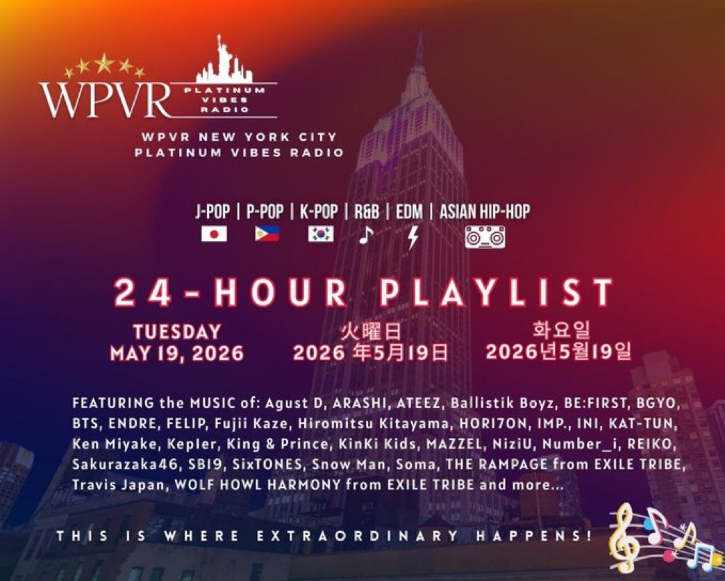 GttPmogu's tweet photo. ✅拡散希望
🇺🇸NYのネットラジオ
WPVR NYC Platinum Vibes Radio にJO1の曲をリクエストしませんか?
🙌 プレイリストにBE CLASSIC (English ver.) IN✨
⏰5/20 AM2:35 OA予定
さらにOA曲を増やせるよう
Breezy Love・RUSH なども追加でリクお願いします🙏
⬇️
https://t.co/WQBd9j1Cpl
#JO1 #wpv https://t.co/VkoTVmBM94