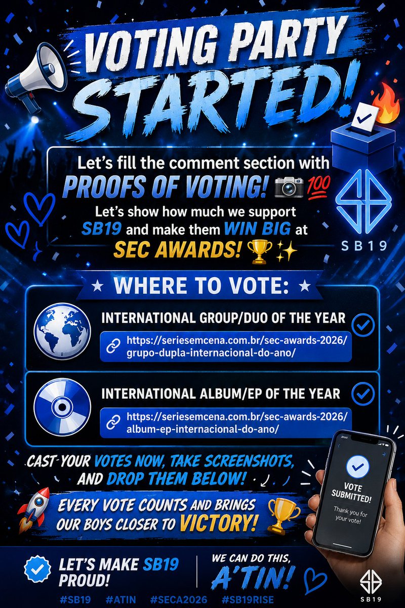 tagwarriorsph's tweet photo. 🚨 VOTING PARTY STARTED! 🗳️🔥
 
Let’s fill the comment section with PROOFS OF VOTING! 📸💯 Let’s show how much we support SB19 and make them win big at SEC AWARDS! 🏆✨
 
🎯 WHERE TO VOTE:
🌎 International Group/Duo of the Year
🔗 https://t.co/VM1oQsMkEs
 
💿 International Album/EP of the Year
🔗 https://t.co/cKvLycYe38
 
Cast your votes now, take screenshots, and drop them below! Every vote counts and brings our boys closer to victory! 🚀💪

@SB19Official #SB19