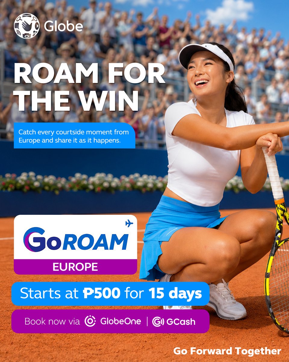 enjoyGLOBE's tweet photo. Catch Alex Ealaโs matches live across Europe and stay connected with GoRoam. From match highlights to courtside moments, share it all as it happens with affordable data packs starting at P500 for 15 days.
Learn more: https://t.co/8AYLnHqllj
#AlexEala
#GoRoam
#GoForwardTogether https://t.co/3vG9FHRl3O