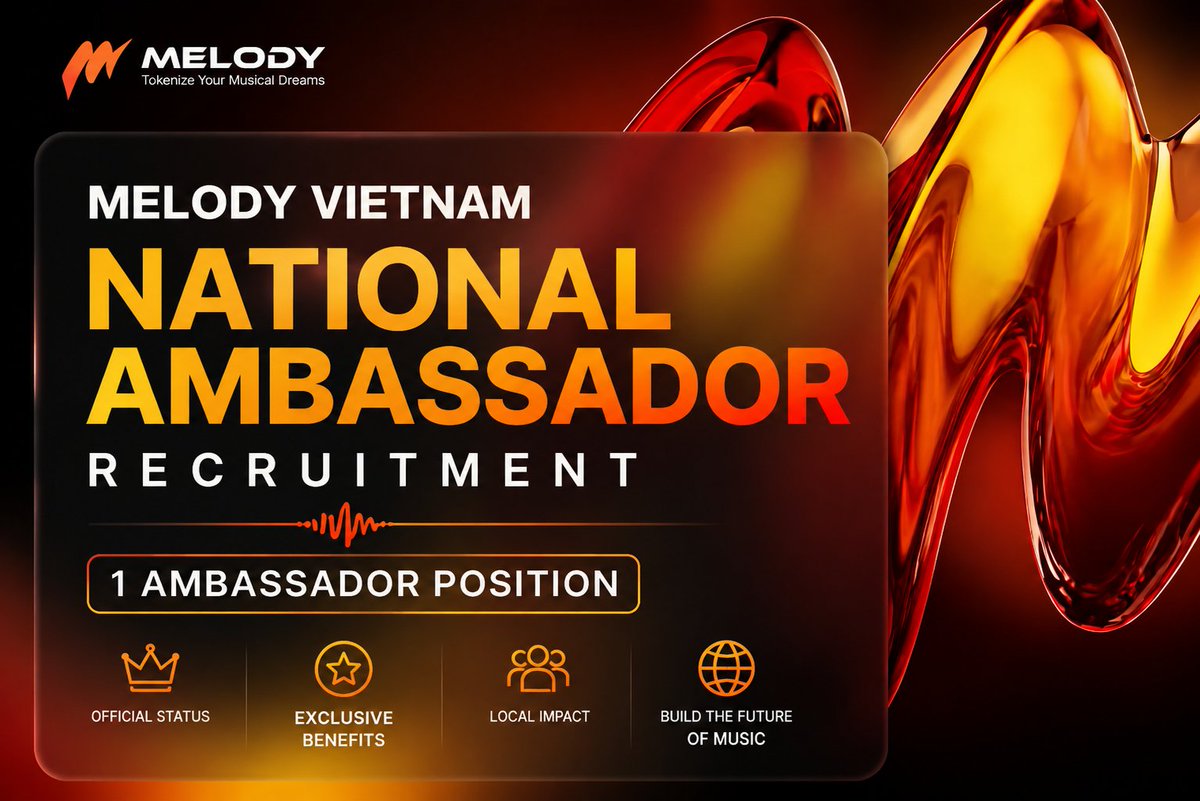 MelodyAssets's tweet photo. Melody Vietnam National Ambassador Program｜Recruiting 1 Leader

Melody is launching the Vietnam National Ambassador Program to grow local communities, content outreach, and offline impact. We are recruiting 1 National Ambassador to represent Melody across Vietnam and connect with music fans, Web3 users, and creators.

Application channel: https://t.co/Nkl3OLoOuj

#RWA #MusicFi #MELO