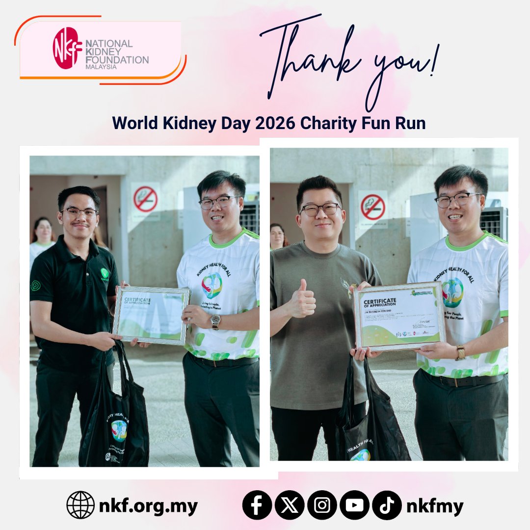 nkfmy's tweet photo. A heartfelt thank you to all sponsors for supporting the World Kidney Day 2026 Charity Fun Run 💙Together, we’re raising awareness and making a difference for kidney health in our community.

#WKD2026 #WorldKidneyDay2026 #NKFMalaysia #CharityFunRun https://t.co/Gw1JLi0yxs